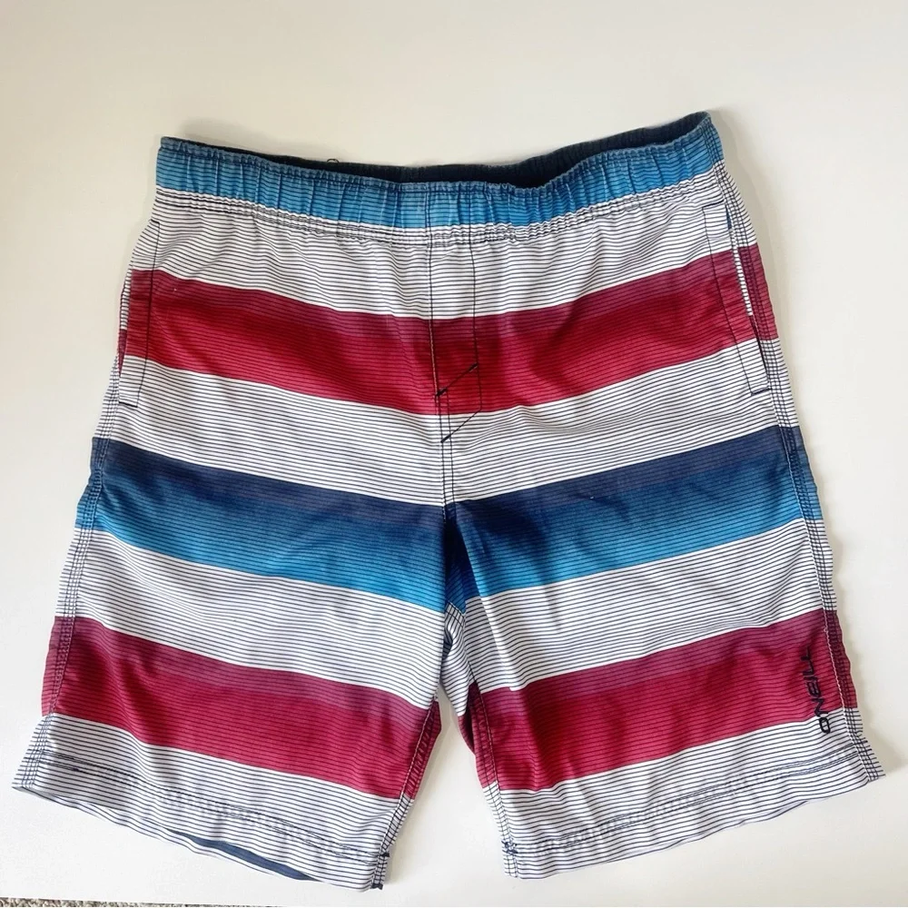 O’Neill Bathing Suit Swim Trunks Red Blue Striped Size Large